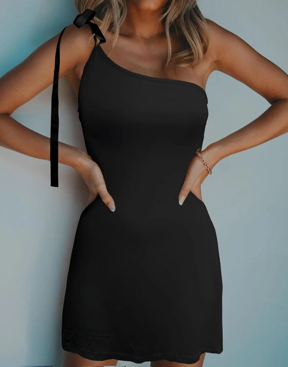 HYPERFIRE Women's Tie One Shoulder Spaghetti Strap Mini Dress Boat Neck Cocktail Short Dresses