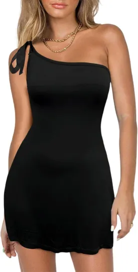 HYPERFIRE Women's Tie One Shoulder Spaghetti Strap Mini Dress Boat Neck Cocktail Short Dresses