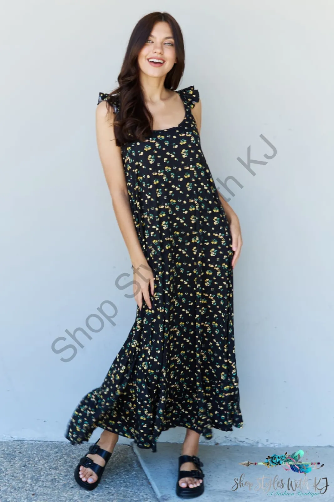 In The Garden Ruffle Floral Maxi Dress in Black Yellow Floral