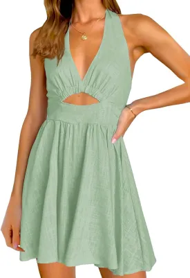 Inorin Womens Summer Sleeveless Halter V Neck Backless Cut Out Sexy Casual Party Swing Flared Mini Dress