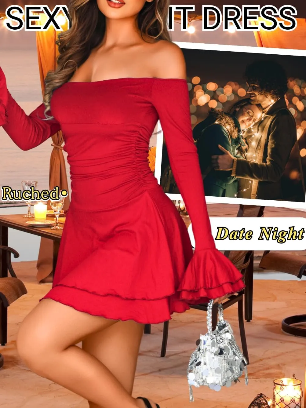 Kaei&Shi Off Shoulder Ruched Ruffle Mini Dress,Long Sleeve Tube Short Dresses,Sexy Club Outfits for Women Cocktail Homecoming