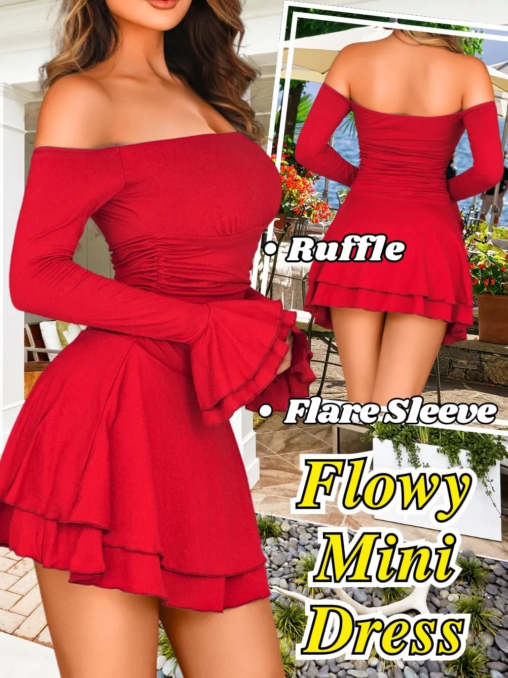 Kaei&Shi Off Shoulder Ruched Ruffle Mini Dress,Long Sleeve Tube Short Dresses,Sexy Club Outfits for Women Cocktail Homecoming