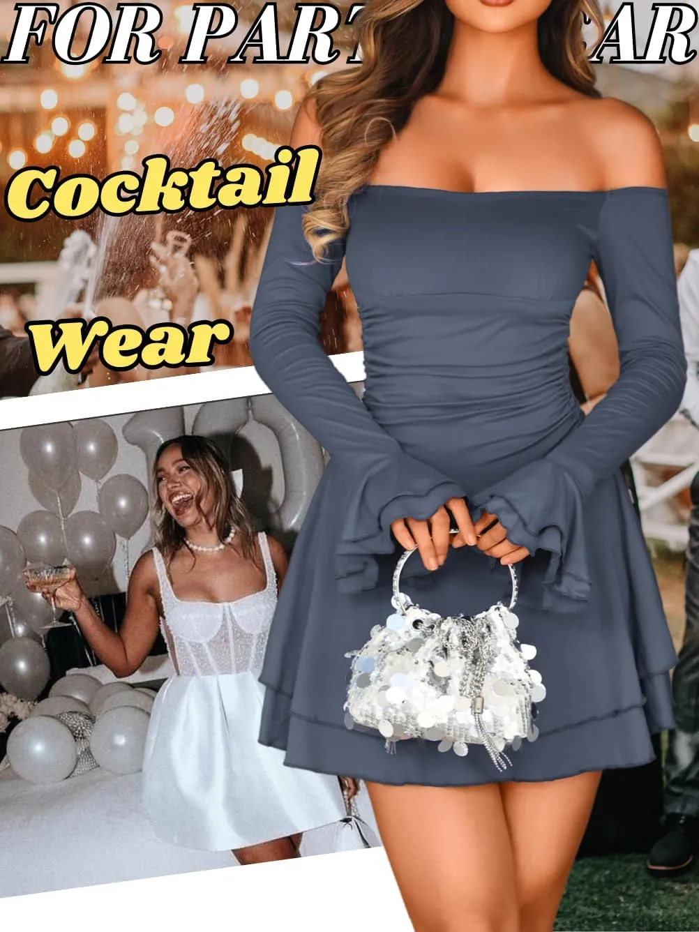 Kaei&Shi Off Shoulder Ruched Ruffle Mini Dress,Long Sleeve Tube Short Dresses,Sexy Club Outfits for Women Cocktail Homecoming