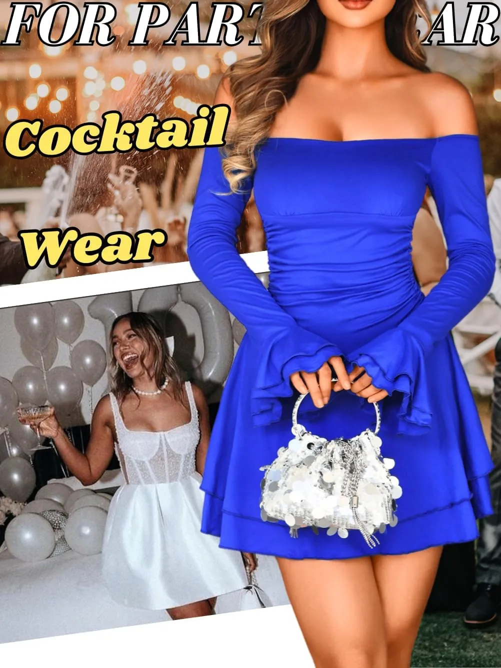 Kaei&Shi Off Shoulder Ruched Ruffle Mini Dress,Long Sleeve Tube Short Dresses,Sexy Club Outfits for Women Cocktail Homecoming