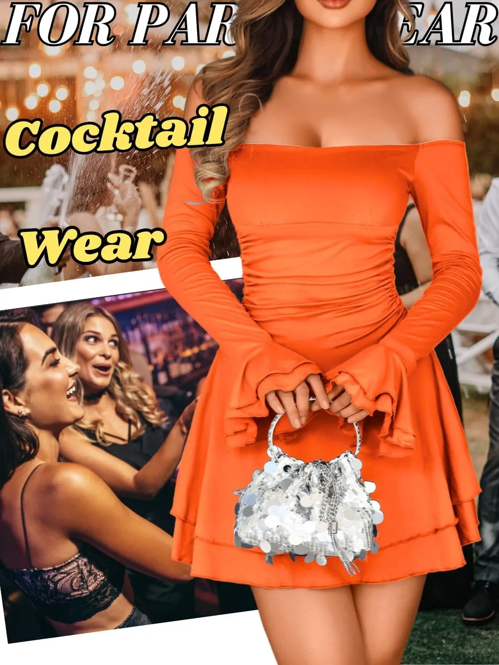 Kaei&Shi Off Shoulder Ruched Ruffle Mini Dress,Long Sleeve Tube Short Dresses,Sexy Club Outfits for Women Cocktail Homecoming