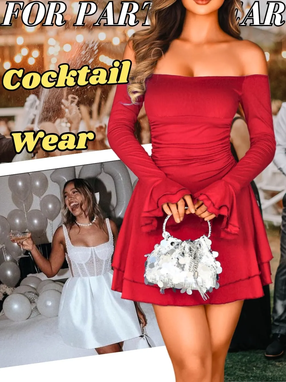 Kaei&Shi Off Shoulder Ruched Ruffle Mini Dress,Long Sleeve Tube Short Dresses,Sexy Club Outfits for Women Cocktail Homecoming