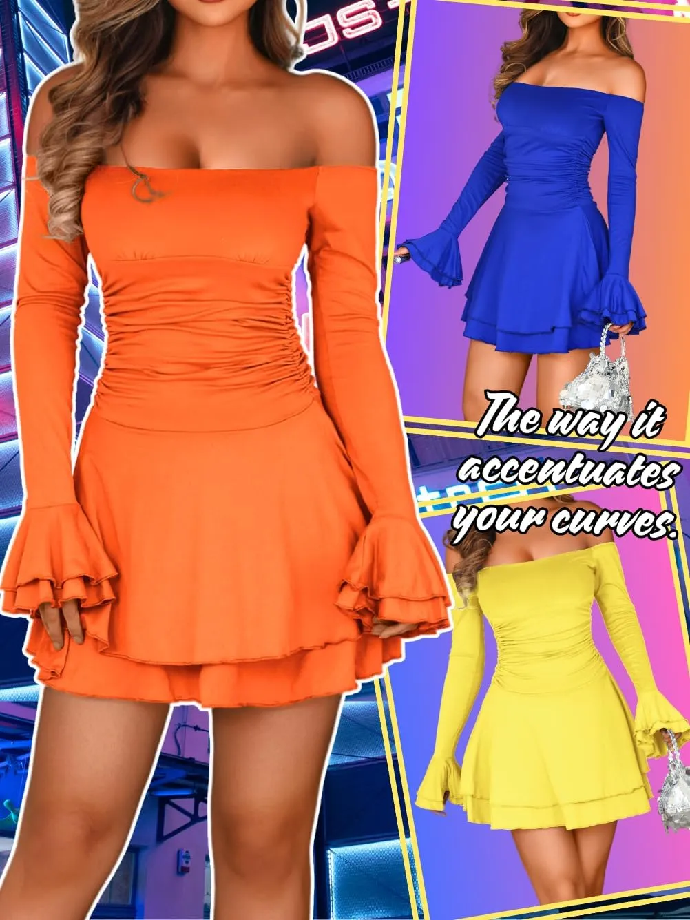 Kaei&Shi Off Shoulder Ruched Ruffle Mini Dress,Long Sleeve Tube Short Dresses,Sexy Club Outfits for Women Cocktail Homecoming
