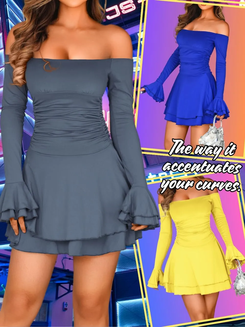 Kaei&Shi Off Shoulder Ruched Ruffle Mini Dress,Long Sleeve Tube Short Dresses,Sexy Club Outfits for Women Cocktail Homecoming