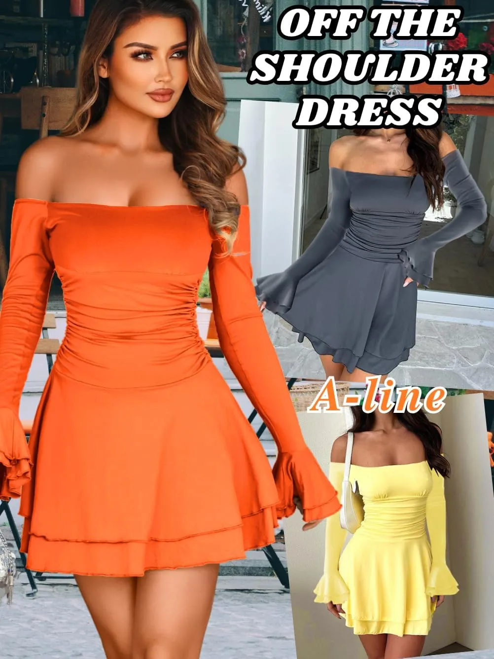 Kaei&Shi Off Shoulder Ruched Ruffle Mini Dress,Long Sleeve Tube Short Dresses,Sexy Club Outfits for Women Cocktail Homecoming