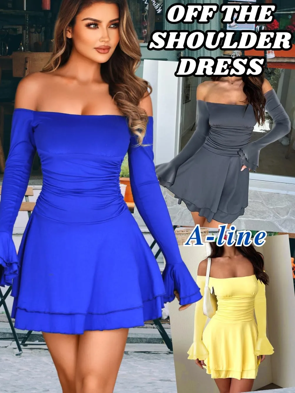 Kaei&Shi Off Shoulder Ruched Ruffle Mini Dress,Long Sleeve Tube Short Dresses,Sexy Club Outfits for Women Cocktail Homecoming
