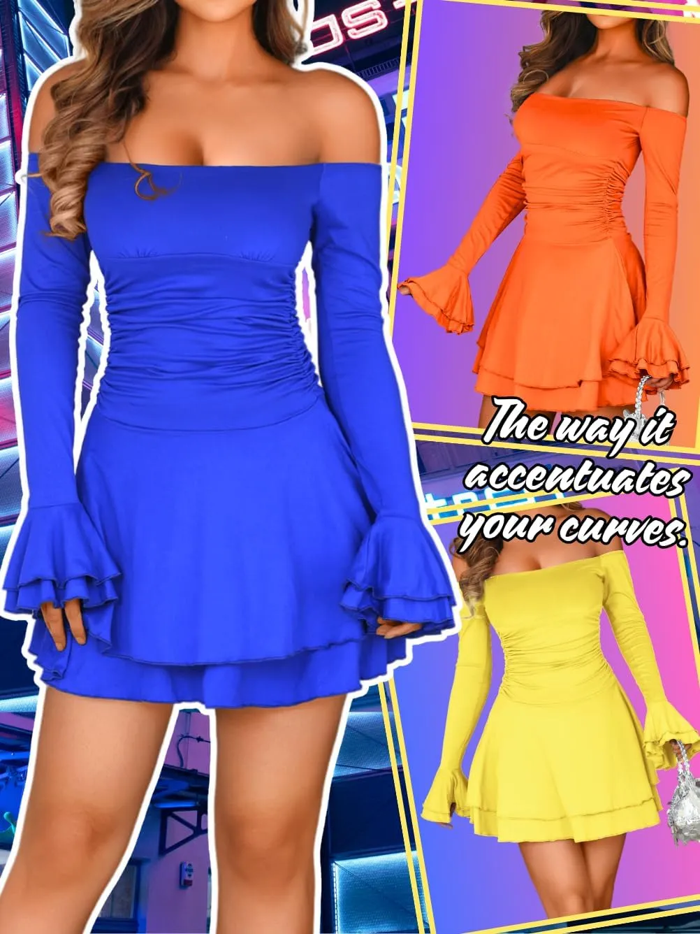 Kaei&Shi Off Shoulder Ruched Ruffle Mini Dress,Long Sleeve Tube Short Dresses,Sexy Club Outfits for Women Cocktail Homecoming