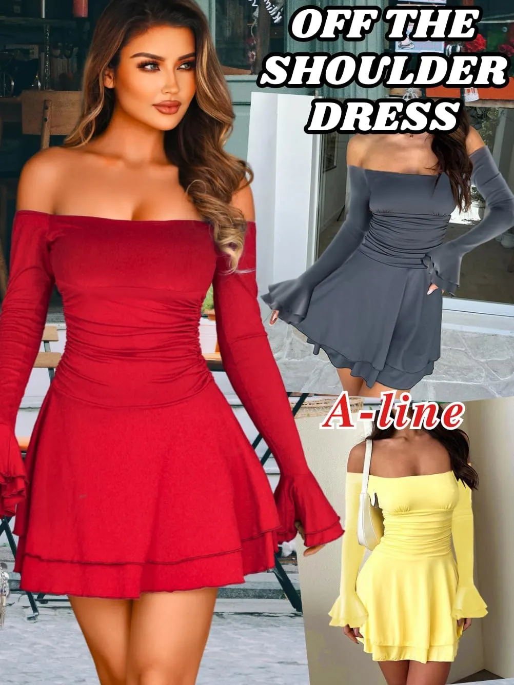 Kaei&Shi Off Shoulder Ruched Ruffle Mini Dress,Long Sleeve Tube Short Dresses,Sexy Club Outfits for Women Cocktail Homecoming