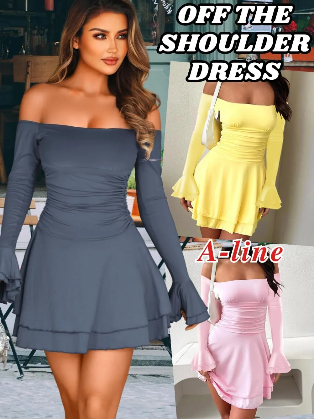 Kaei&Shi Off Shoulder Ruched Ruffle Mini Dress,Long Sleeve Tube Short Dresses,Sexy Club Outfits for Women Cocktail Homecoming