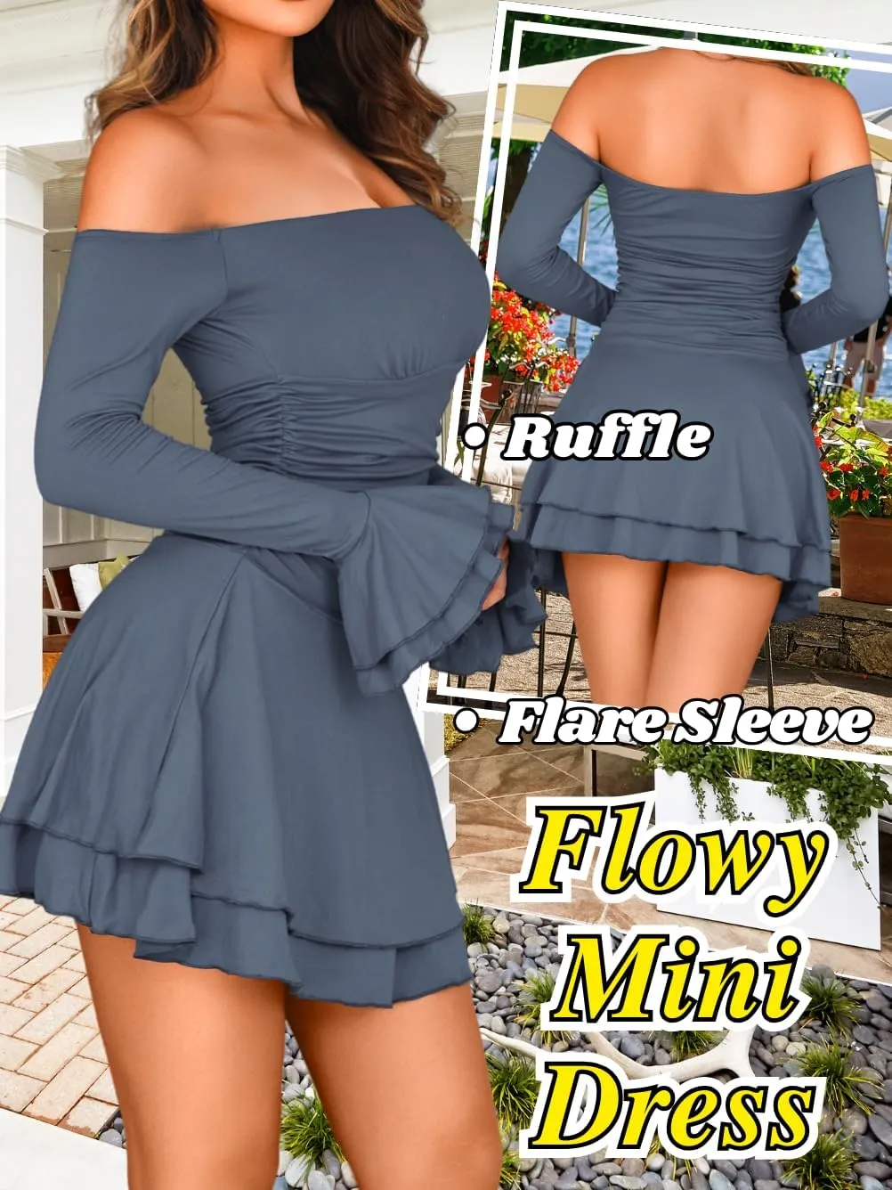 Kaei&Shi Off Shoulder Ruched Ruffle Mini Dress,Long Sleeve Tube Short Dresses,Sexy Club Outfits for Women Cocktail Homecoming