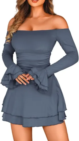 Kaei&Shi Off Shoulder Ruched Ruffle Mini Dress,Long Sleeve Tube Short Dresses,Sexy Club Outfits for Women Cocktail Homecoming