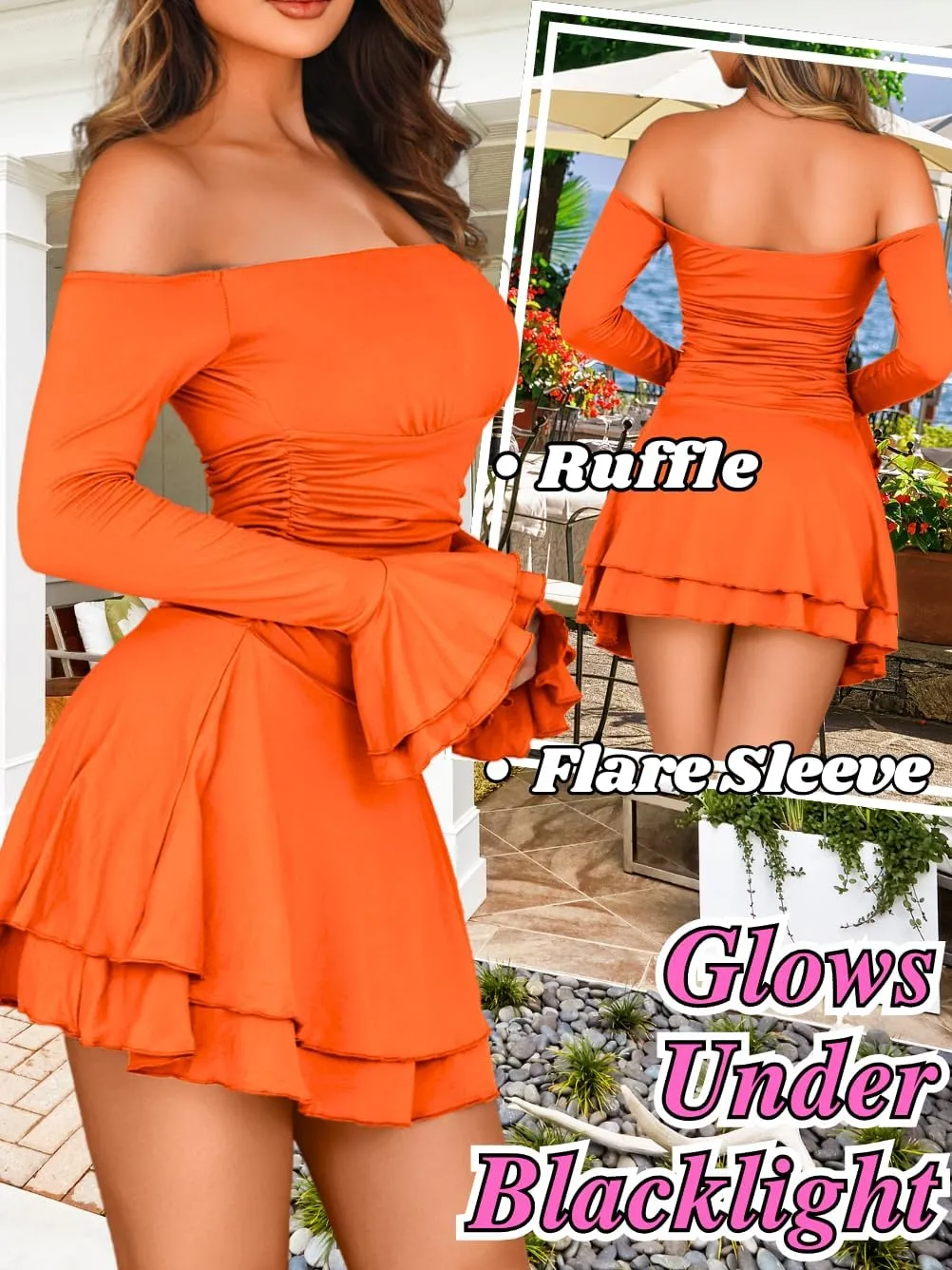 Kaei&Shi Off Shoulder Ruched Ruffle Mini Dress,Long Sleeve Tube Short Dresses,Sexy Club Outfits for Women Cocktail Homecoming