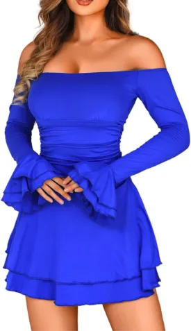 Kaei&Shi Off Shoulder Ruched Ruffle Mini Dress,Long Sleeve Tube Short Dresses,Sexy Club Outfits for Women Cocktail Homecoming