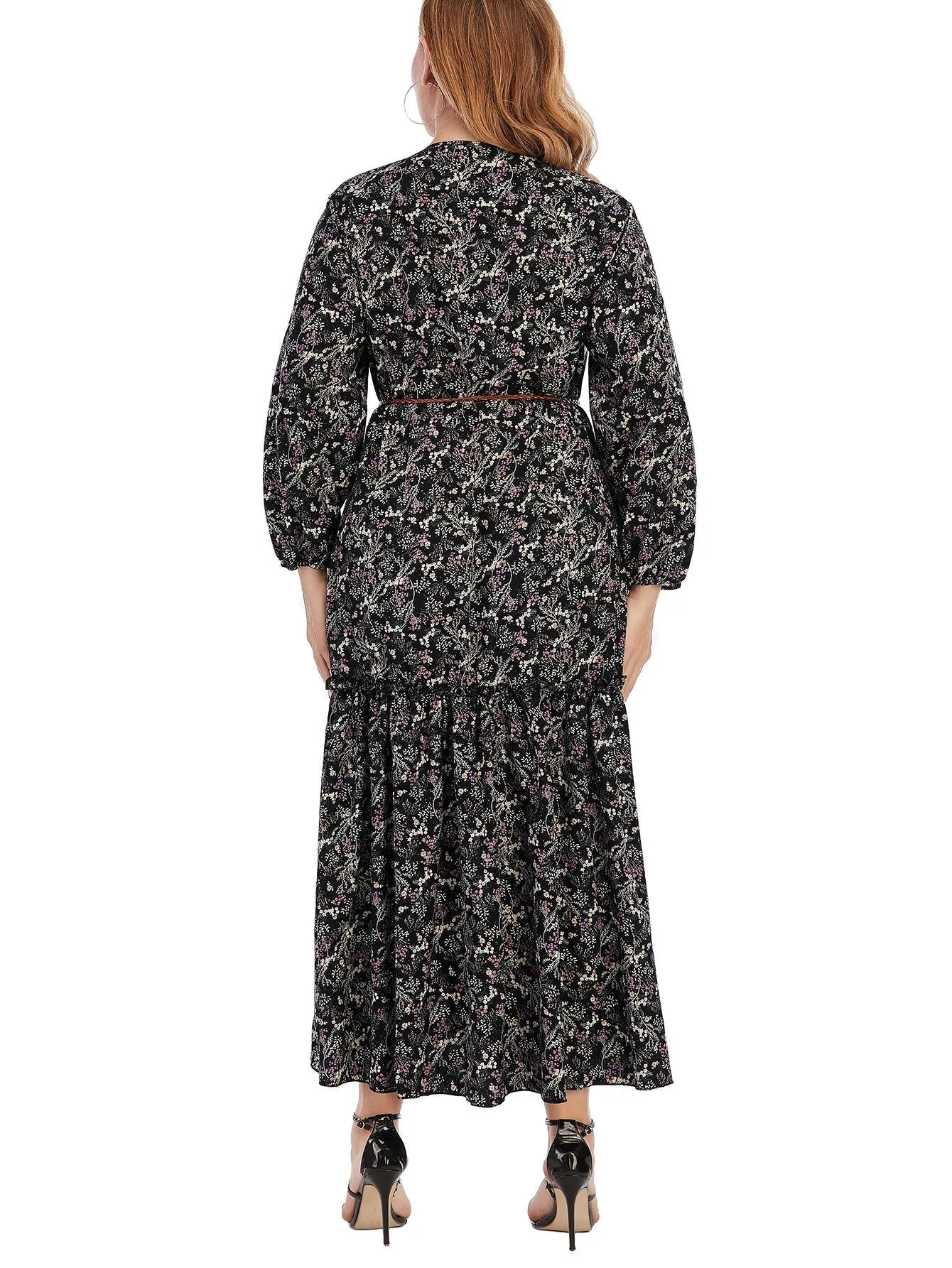 KittenAlarm - Plus Size Paisley Print Ruffled Hem Maxi Dress with Waist Belt