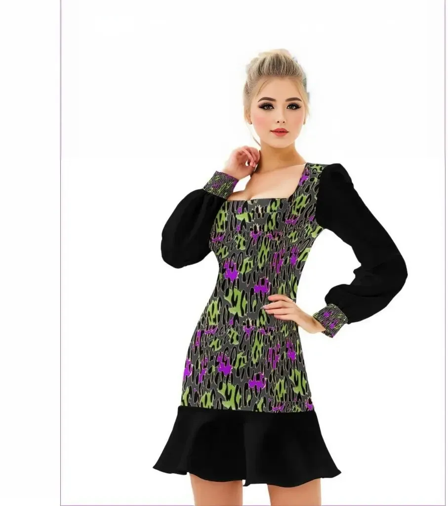 Leopard Splash Grunge Womens Ruffle Hem Skinny Dress