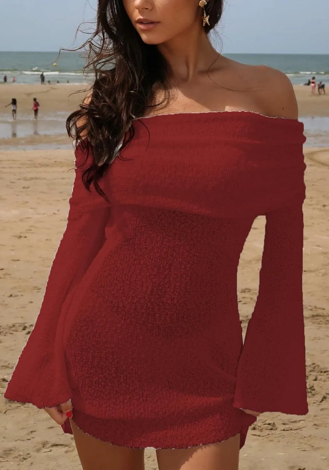 LETSVDO Women's Off Shoulder Mini Dress Bodycon Long Sleeve Knit Crochet Sexy Party Sweater Dresses
