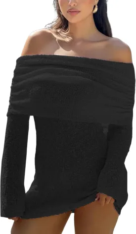 LETSVDO Women's Off Shoulder Mini Dress Bodycon Long Sleeve Knit Crochet Sexy Party Sweater Dresses