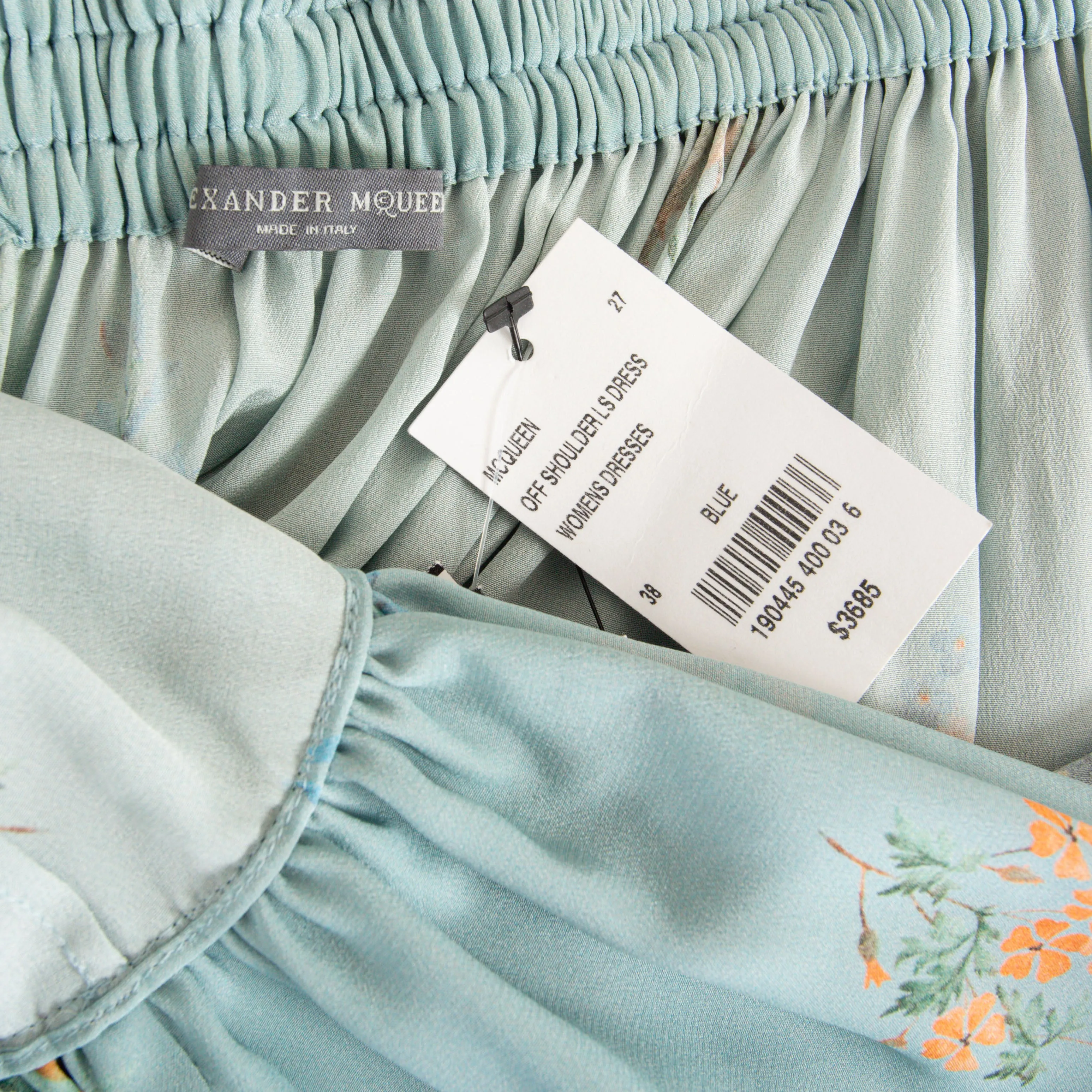Light Blue Silk Floral Print Off Shoulder Dress