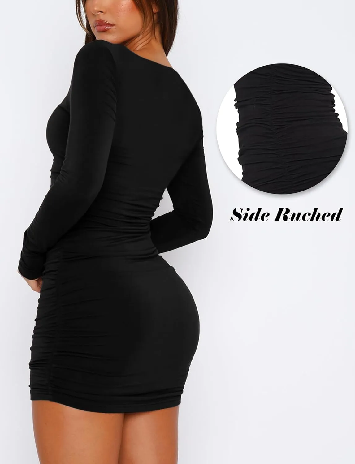 Long Sleeve Square Neck Bodycon Mini Dresses for Women Cute Ruched Cocktail Party Club Going Out Dress