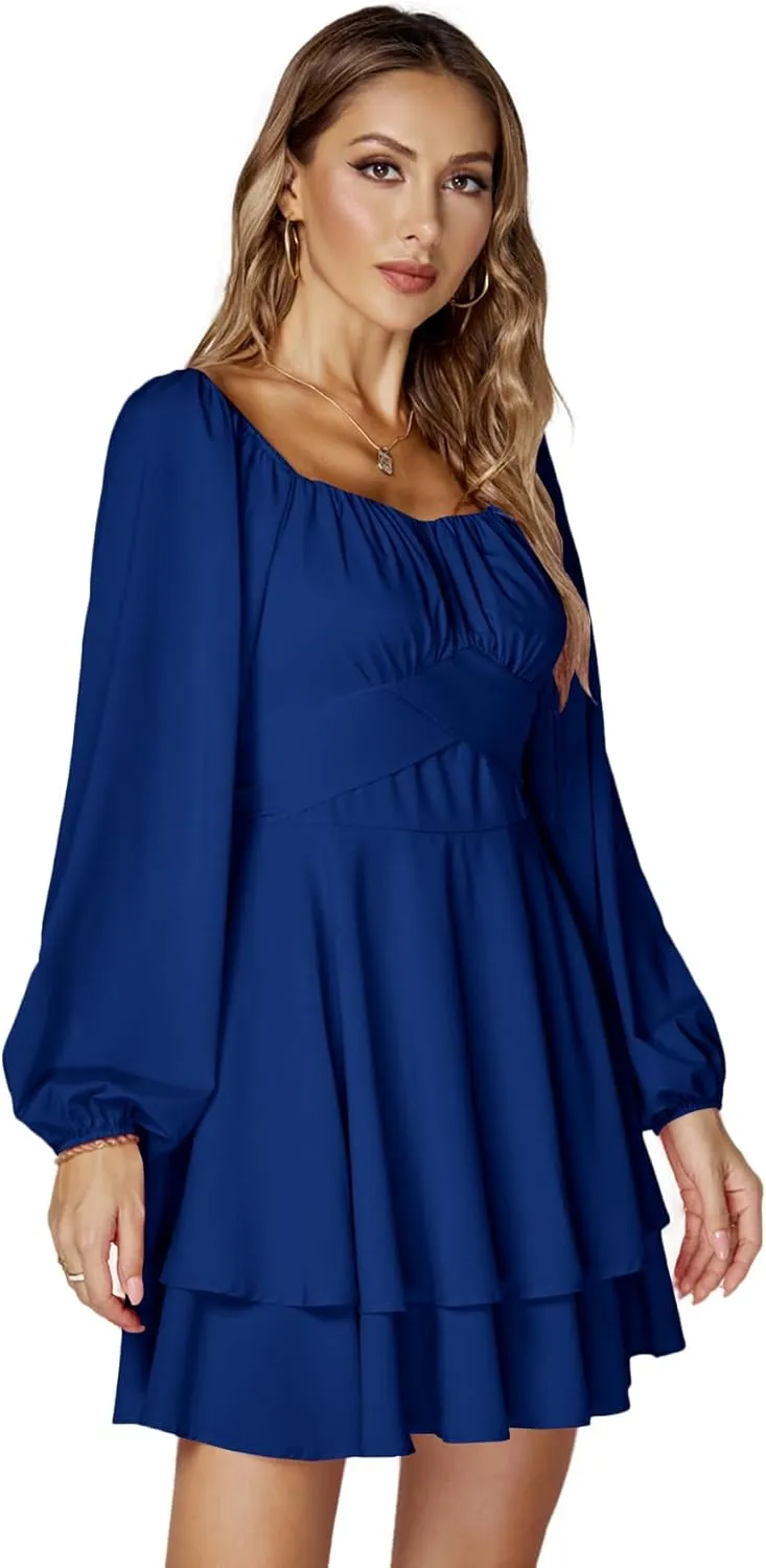 LYANER Women's Lantern Long Sleeve Wrap Tie Back Square Neck Double Layer Ruffle Hem A Line Short Mini Dress