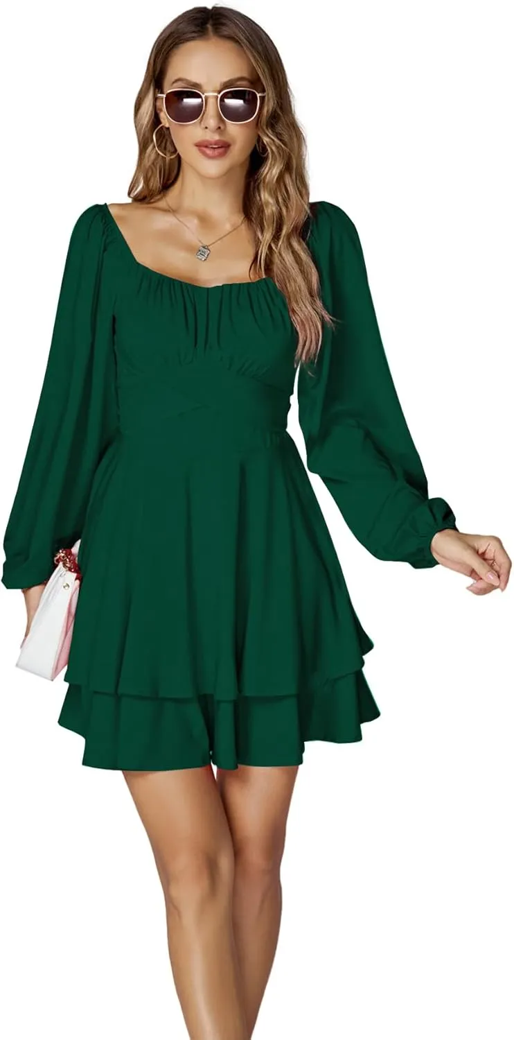 LYANER Women's Lantern Long Sleeve Wrap Tie Back Square Neck Double Layer Ruffle Hem A Line Short Mini Dress