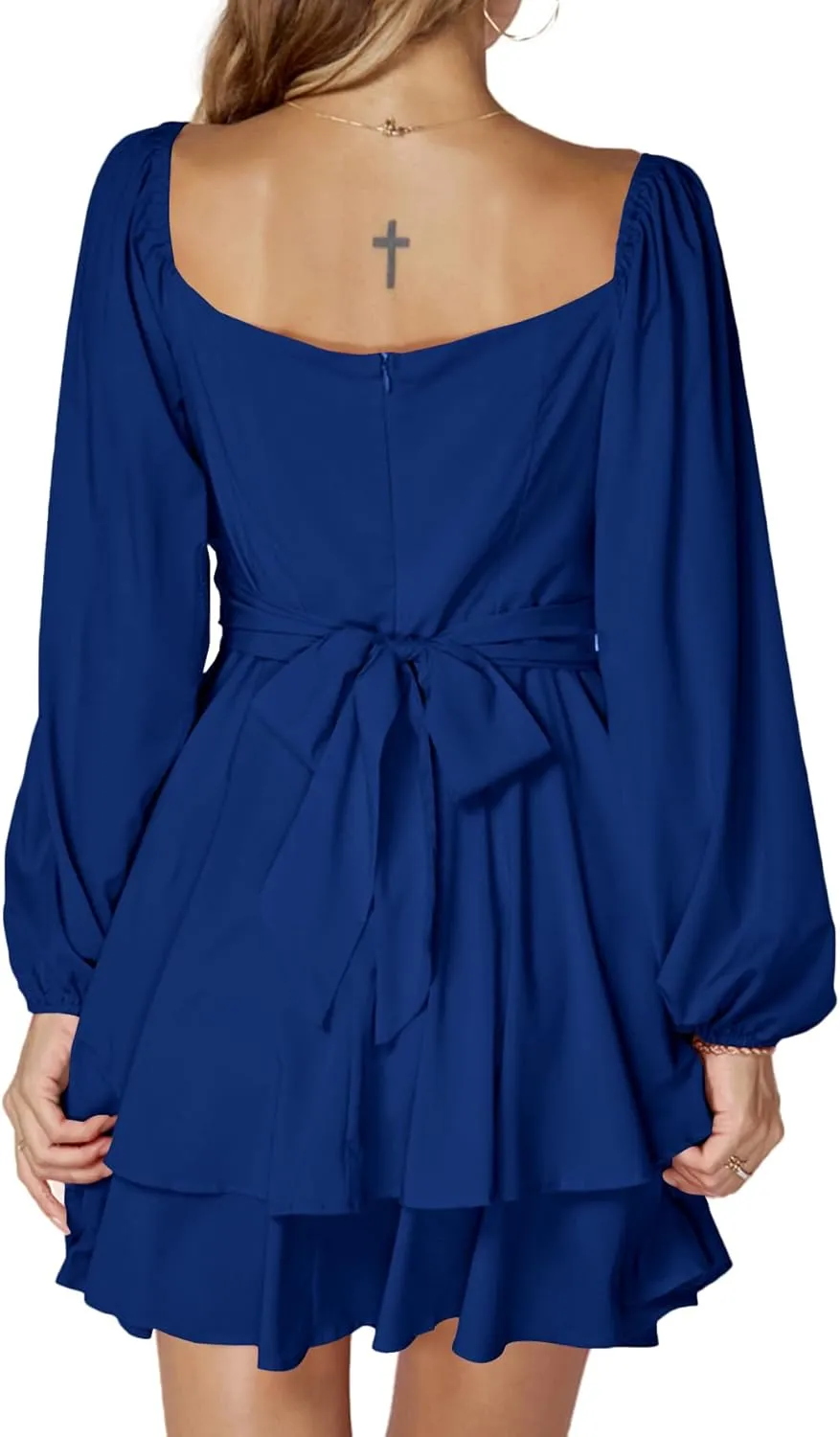 LYANER Women's Lantern Long Sleeve Wrap Tie Back Square Neck Double Layer Ruffle Hem A Line Short Mini Dress