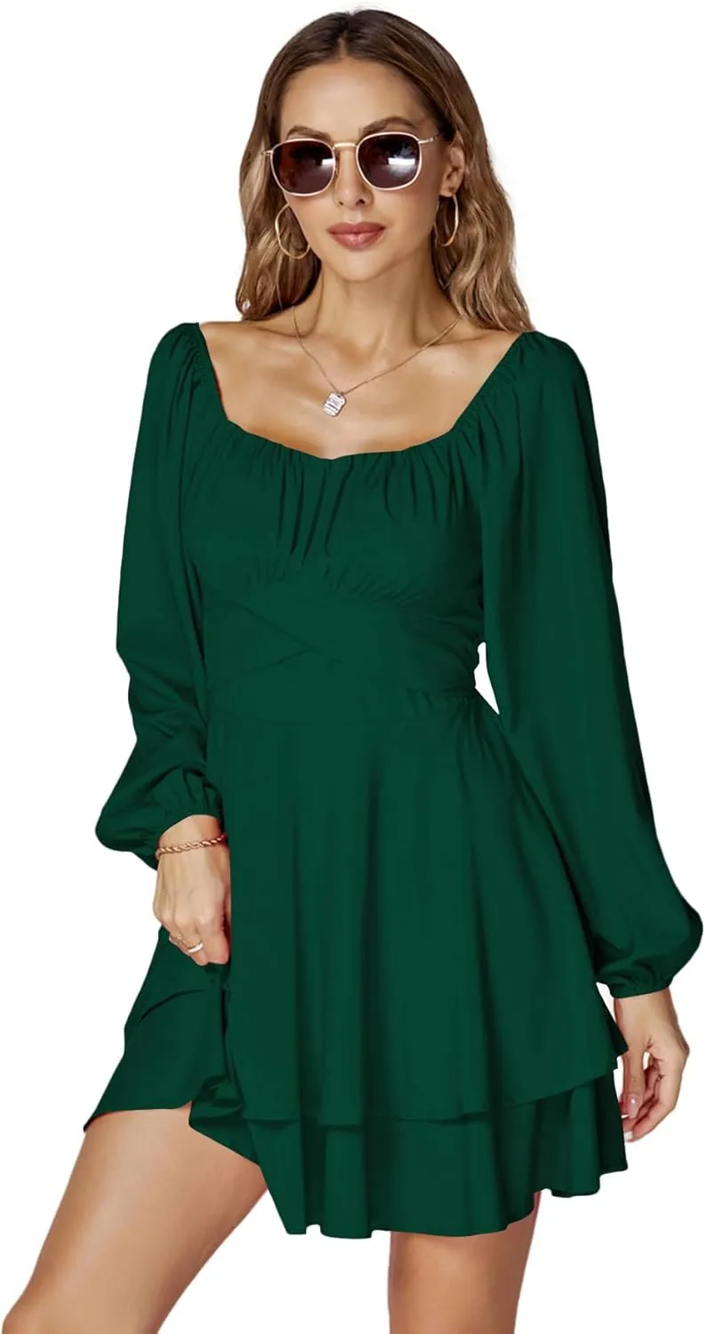 LYANER Women's Lantern Long Sleeve Wrap Tie Back Square Neck Double Layer Ruffle Hem A Line Short Mini Dress