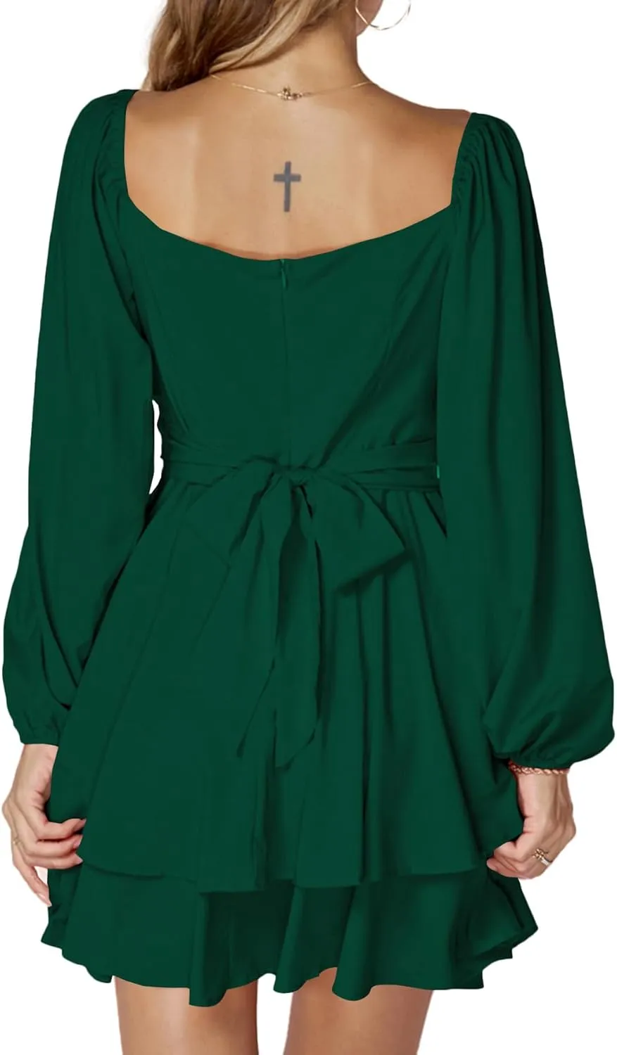 LYANER Women's Lantern Long Sleeve Wrap Tie Back Square Neck Double Layer Ruffle Hem A Line Short Mini Dress