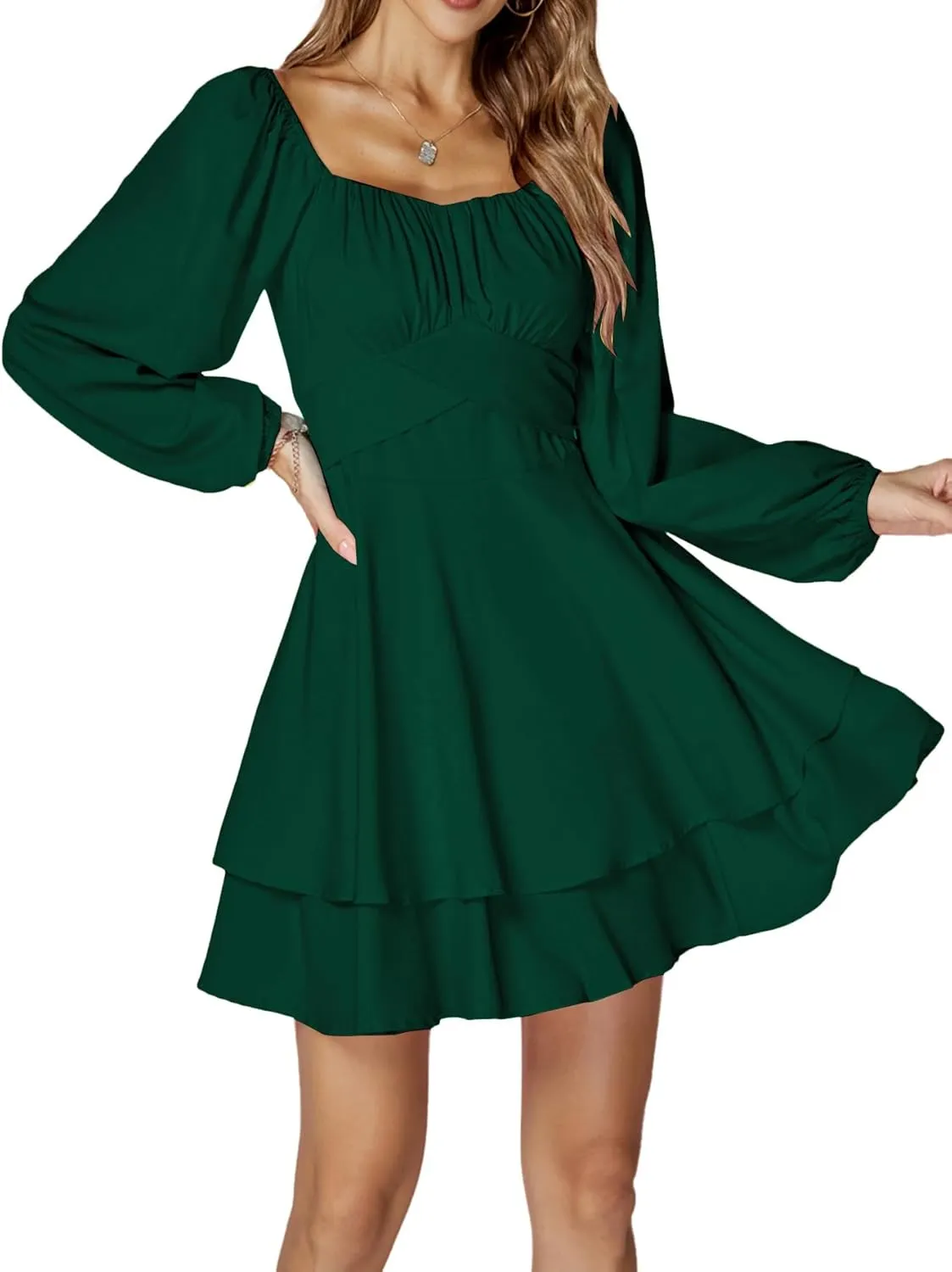 LYANER Women's Lantern Long Sleeve Wrap Tie Back Square Neck Double Layer Ruffle Hem A Line Short Mini Dress