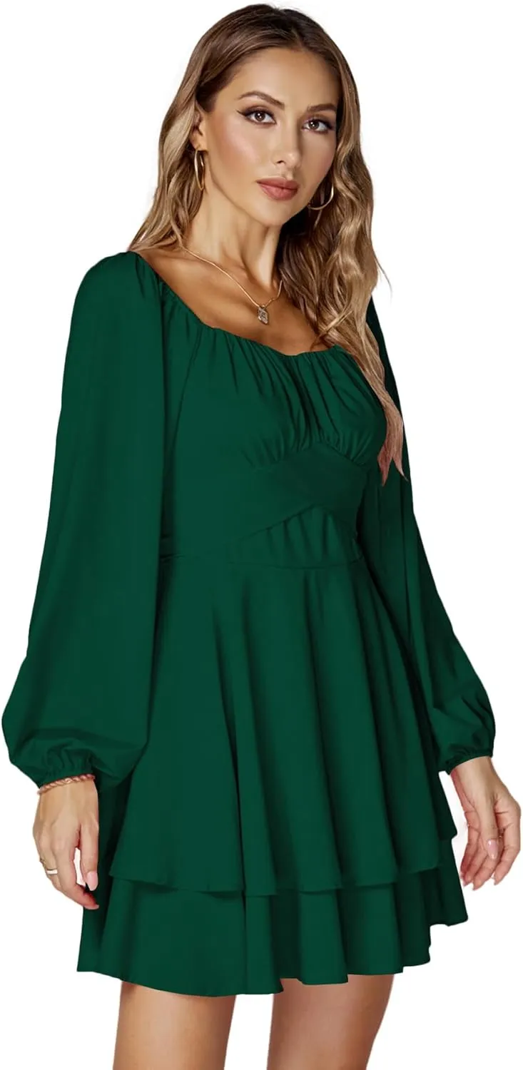 LYANER Women's Lantern Long Sleeve Wrap Tie Back Square Neck Double Layer Ruffle Hem A Line Short Mini Dress