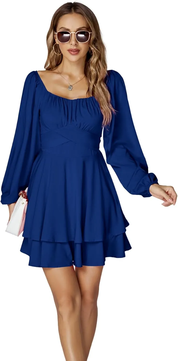 LYANER Women's Lantern Long Sleeve Wrap Tie Back Square Neck Double Layer Ruffle Hem A Line Short Mini Dress