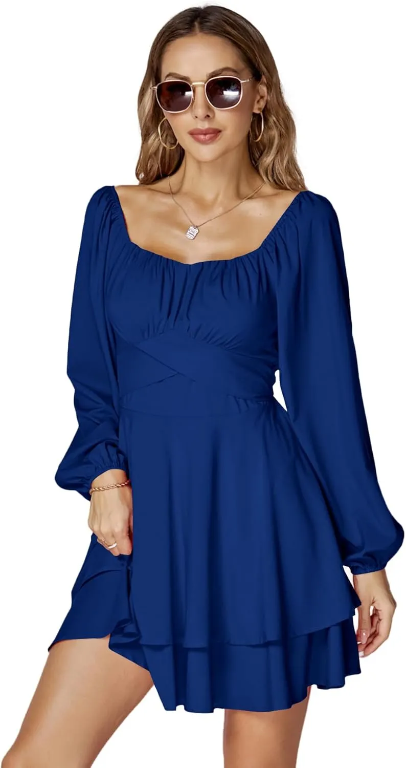 LYANER Women's Lantern Long Sleeve Wrap Tie Back Square Neck Double Layer Ruffle Hem A Line Short Mini Dress