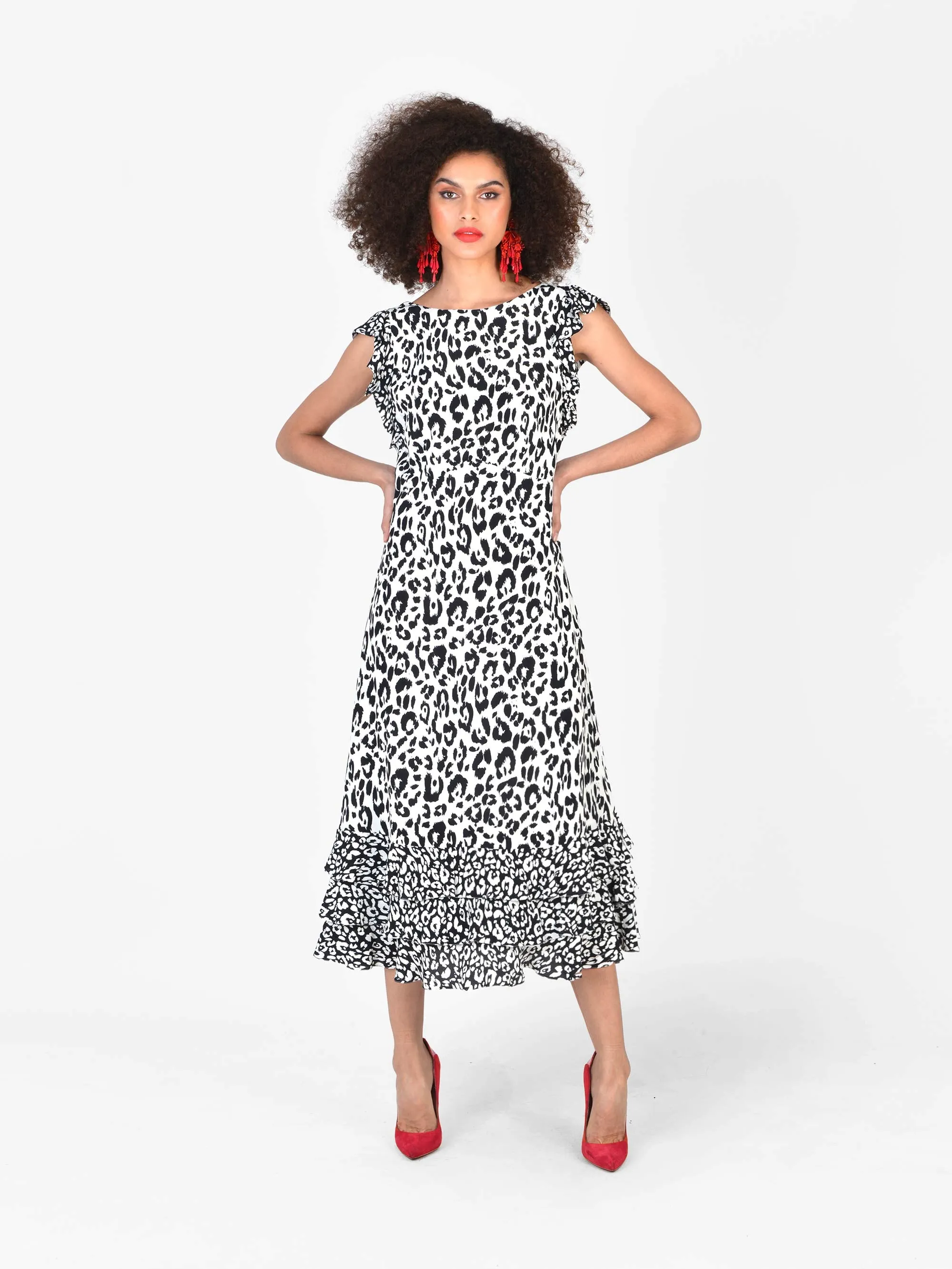 Mono Animal Ruffle Shoulder Midi Dress