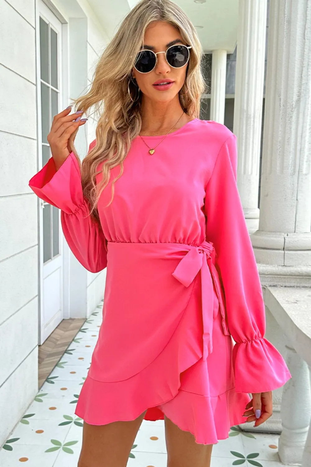 More Authenticity Round Neck Flounce Sleeve Ruffle Hem Mini Dress