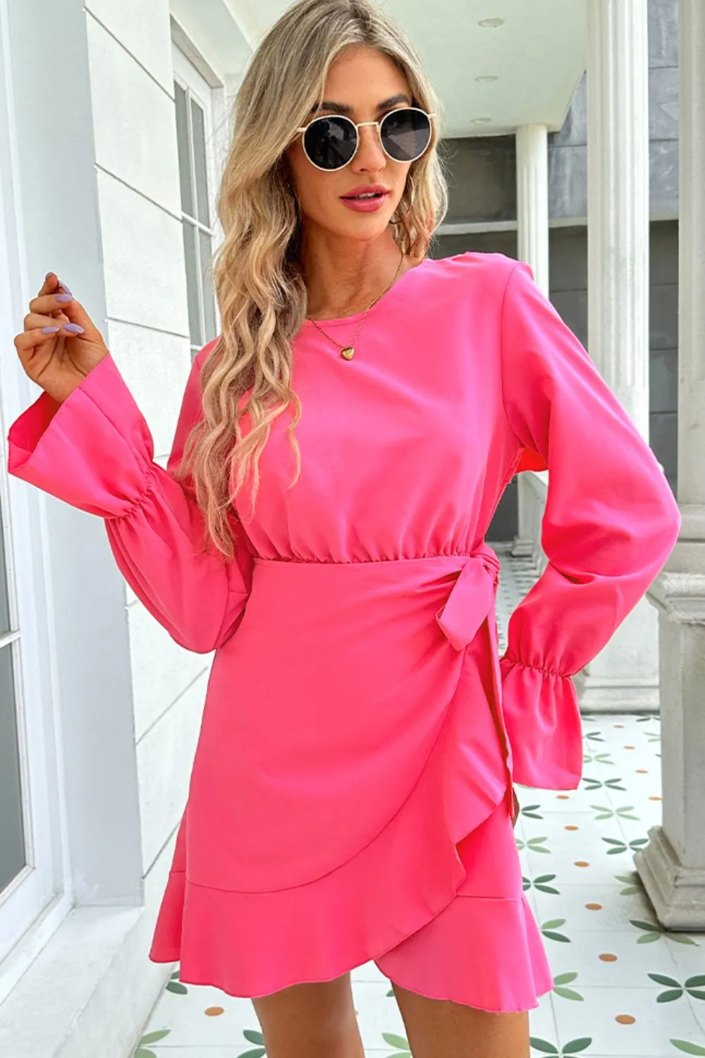 More Authenticity Round Neck Flounce Sleeve Ruffle Hem Mini Dress