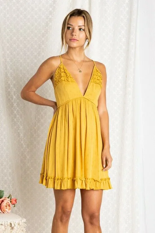 Mustard Boho Swiss Polka Dot Ruffle Deep V Neck Casual Mini Dress