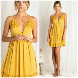 Mustard Boho Swiss Polka Dot Ruffle Deep V Neck Casual Mini Dress