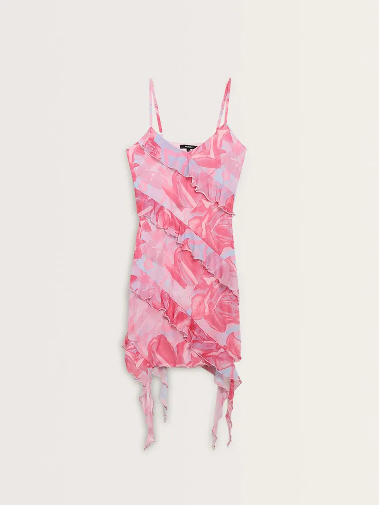 Nuon Pink Floral Printed Ruffled Bodycon Dress