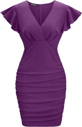OWIN Women's Sexy V Neck Ruffle Sleeve Faux Wrap Ruched Bodycon Mini Party Cocktail Dress