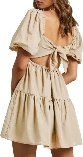 OWNGIGI Women's Summer Dress Square Neck Puffy Short Sleeve Loose Tie Back Casual A-Line Mini Dresses