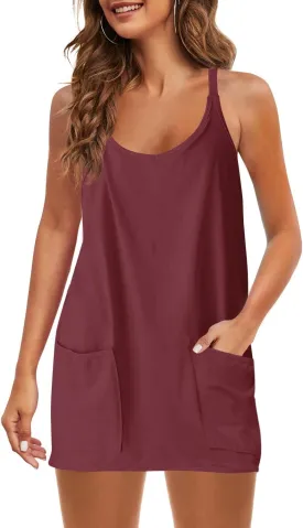 Panadila Womens Summer Sleeveless Mini Dress V Neck Spaghetti Strap Sundress Athletic Short Dress with Pockets