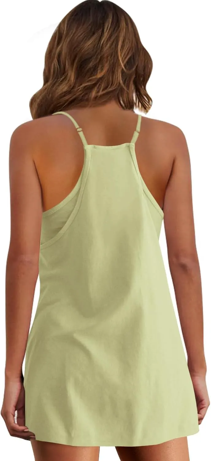 Panadila Womens Summer Sleeveless Mini Dress V Neck Spaghetti Strap Sundress Athletic Short Dress with Pockets