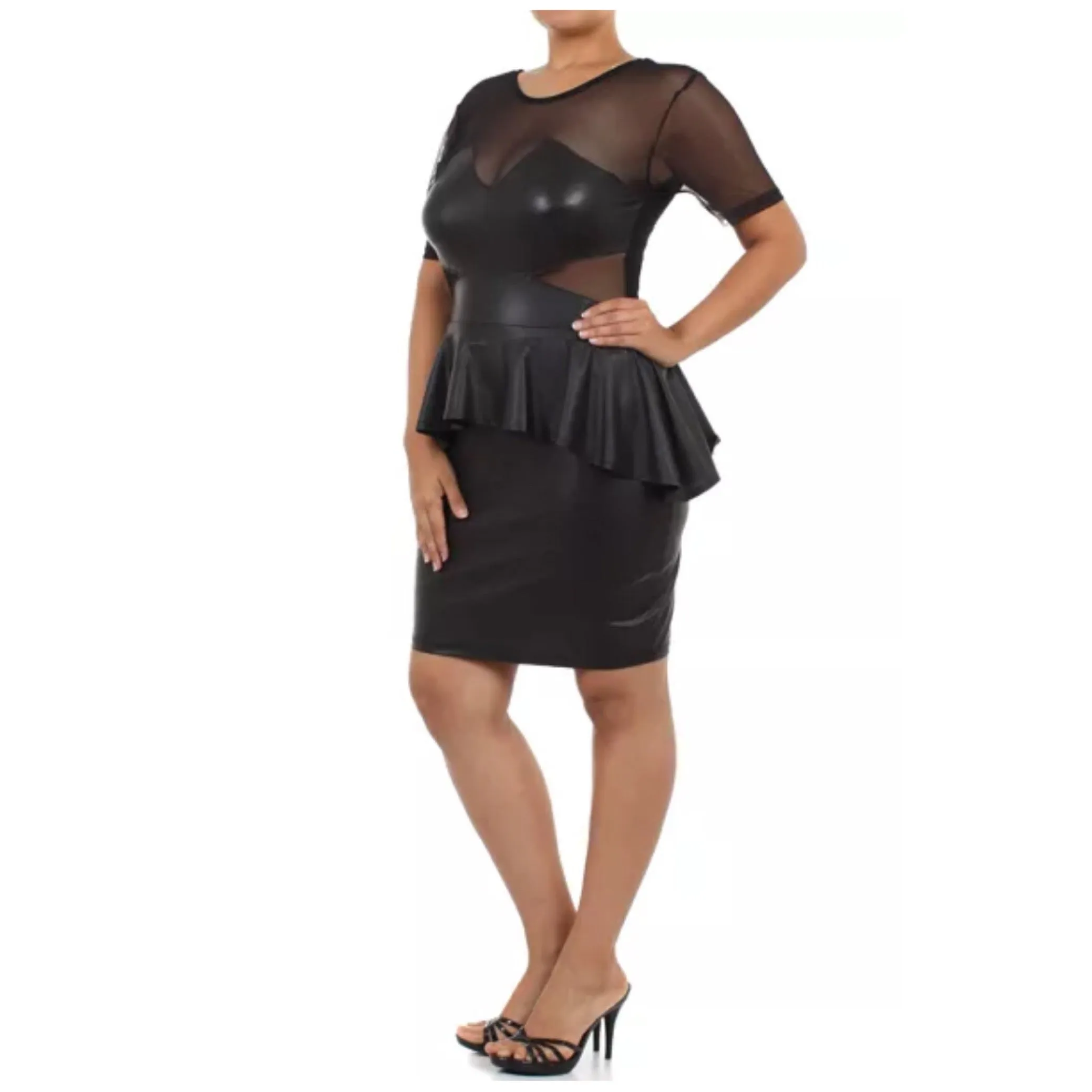 Plus Black Faux Leather Peplum Mesh Bodycon Sexy Stretch Club Hi Lo Women