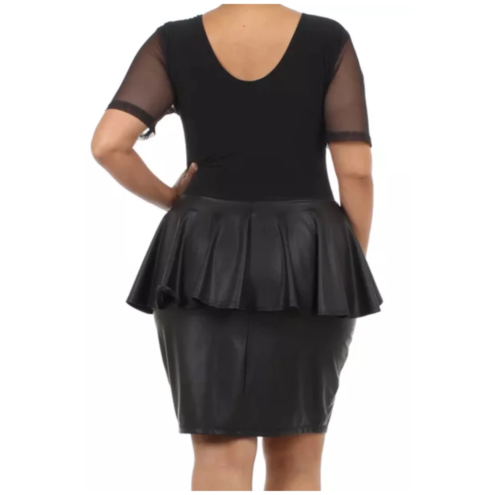 Plus Black Faux Leather Peplum Mesh Bodycon Sexy Stretch Club Hi Lo Women