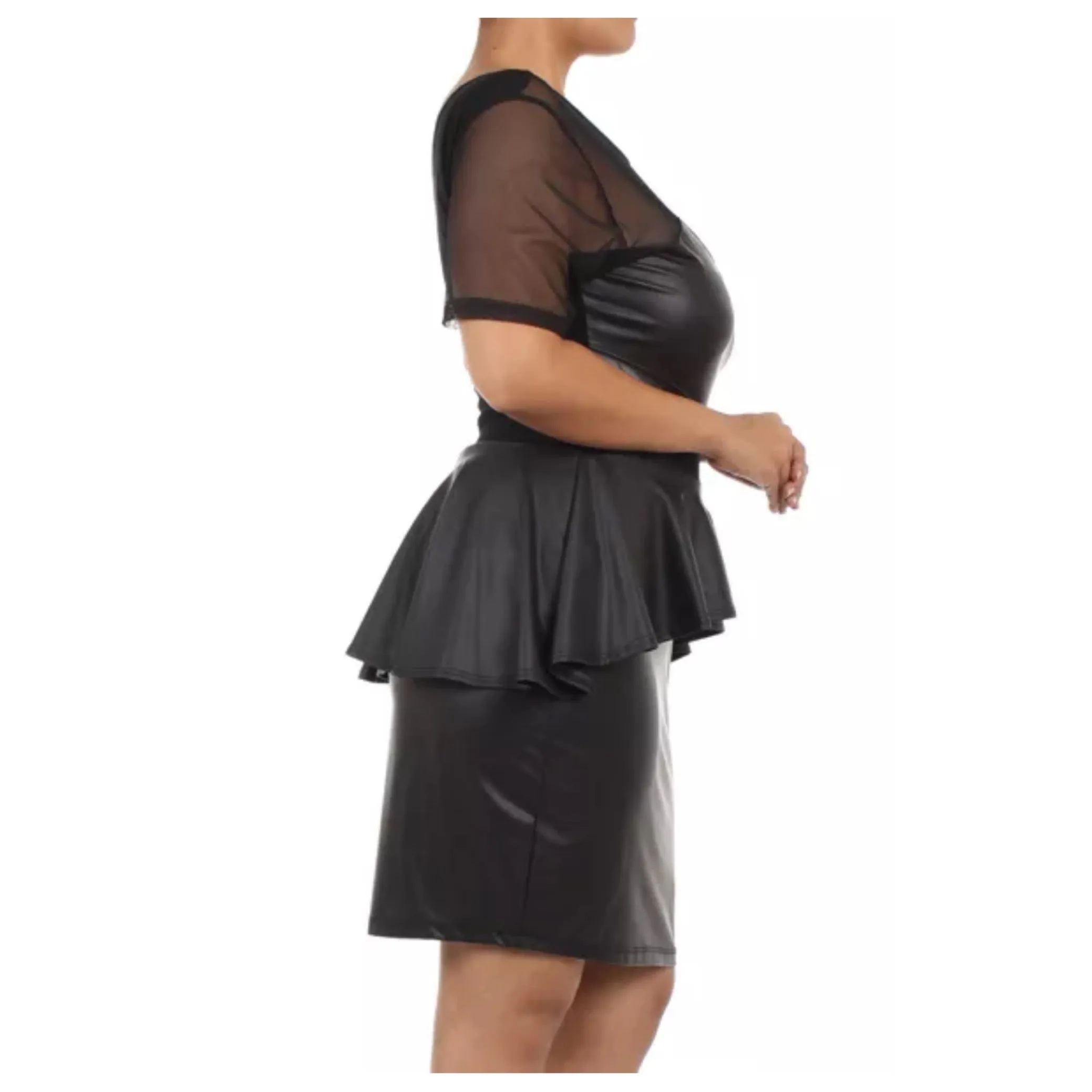 Plus Black Faux Leather Peplum Mesh Bodycon Sexy Stretch Club Hi Lo Women