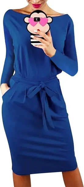 PRETTYGARDEN Women's Fall Bodycon Party Dress Casual Long Sleeve Tie Waist Fitted Sheath Pencil Dresses with Pockets